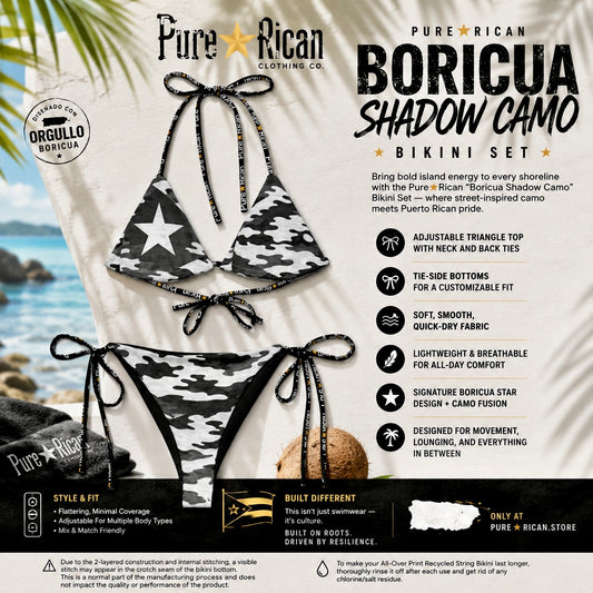 Front view of the Pure⭐️Rican Boricua Shadow Camo Bikini Set featuring black-and-white camouflage print, Puerto Rican star detail, adjustable triangle bikini top, and tie-side bikini bottoms.