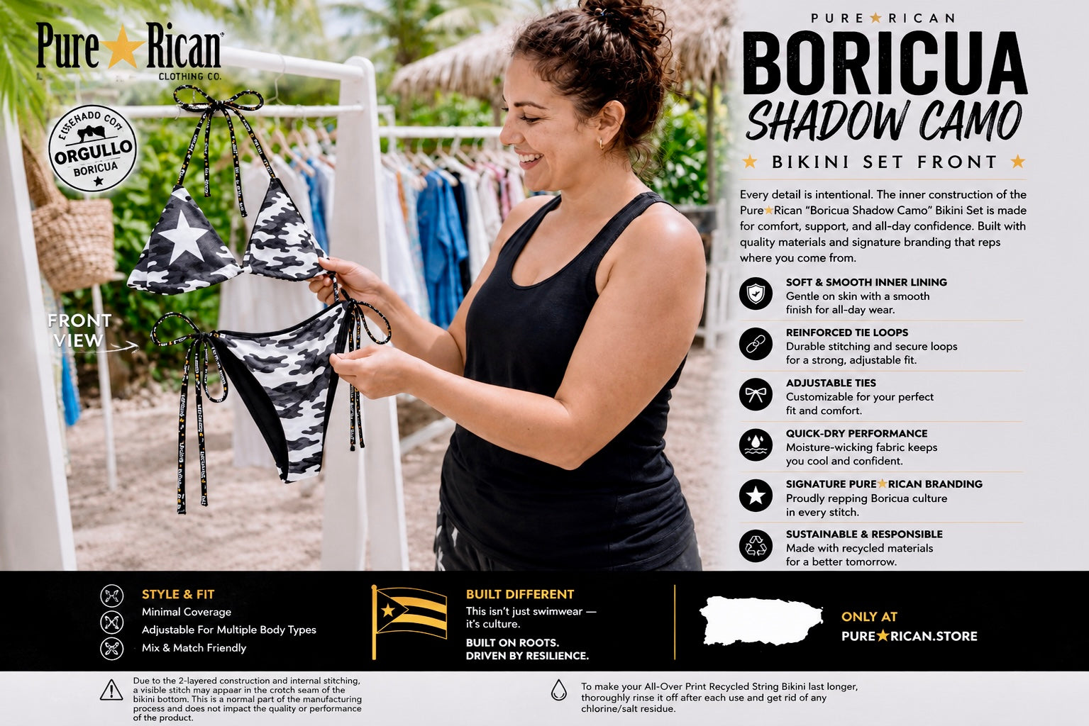 Lifestyle image of a woman holding the Pure⭐️Rican Boricua Shadow Camo Bikini Set while viewing the swimwear in a tropical outdoor setting.