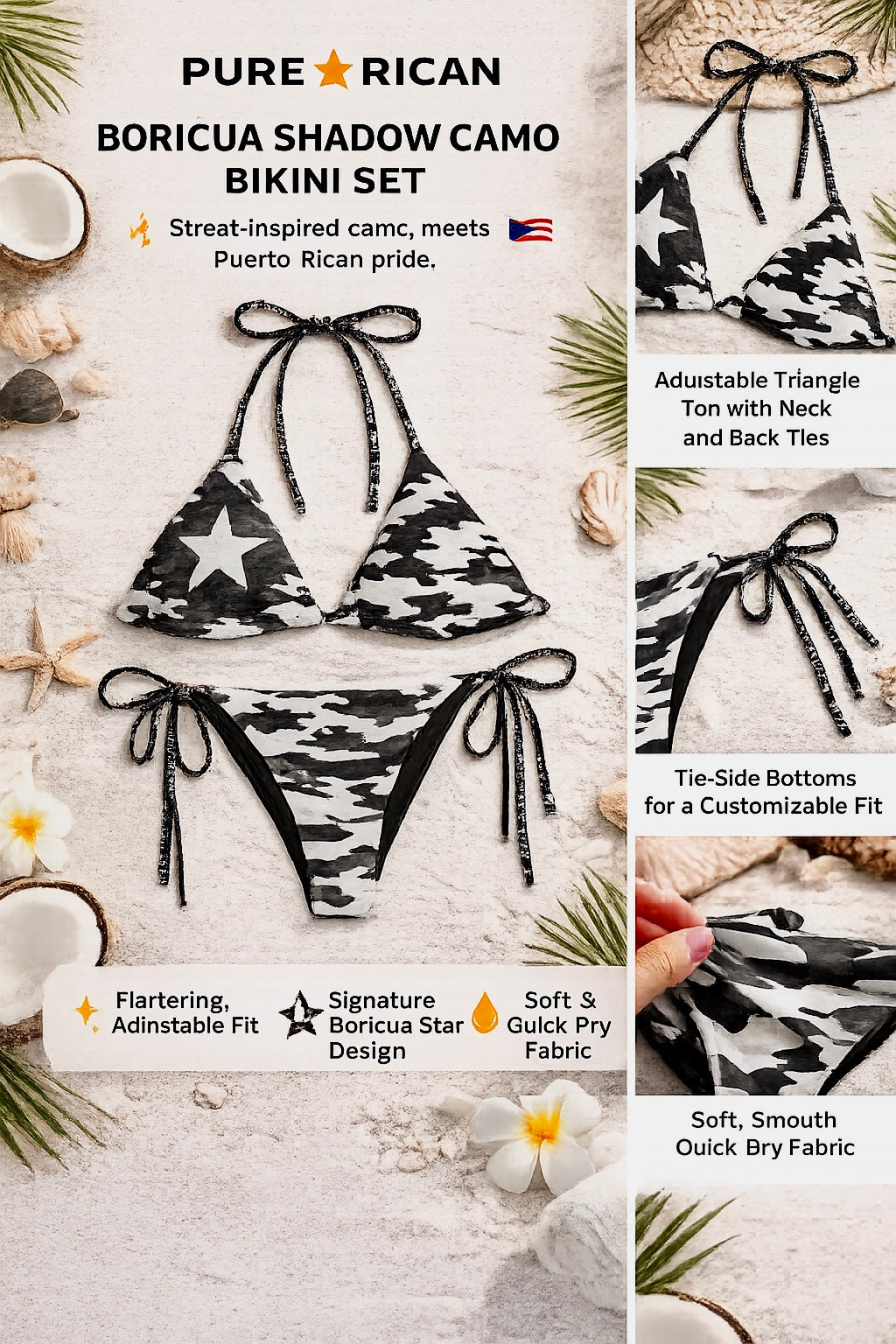 Premium complementary product image of the Pure⭐️Rican Boricua Shadow Camo Bikini Set featuring front view layout with Puerto Rican star detail, camouflage print, and product feature highlights.