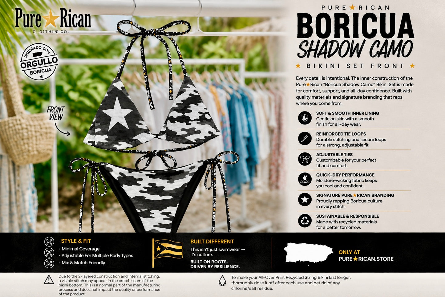 Pure⭐️Rican Boricua Shadow Camo Bikini Set hanging on a tropical clothing rack with beach-inspired background showcasing front view camouflage swimwear design.