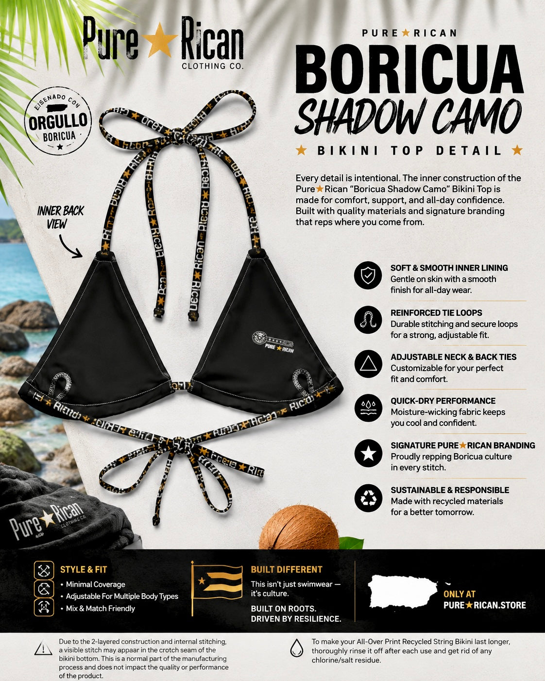 Close-up inner back view of the Pure⭐️Rican Boricua Shadow Camo triangle bikini top featuring black lining, adjustable tie straps, and signature Pure⭐️Rican branding detail.