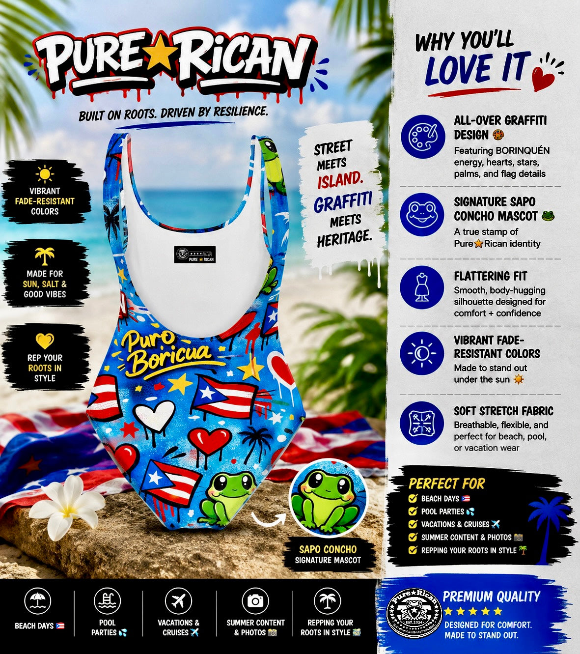 Close front-angle product image of the Pure⭐️Rican Borinquéñ Love Graffiti swimsuit highlighting BORINQUÉN graffiti details, hearts, palms, Puerto Rican flag graphics, and vibrant summer colors.