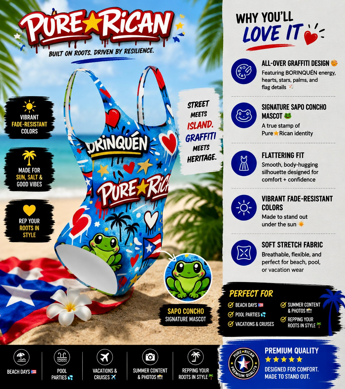 Back view of the Pure⭐️Rican Borinquéñ Love Graffiti one-piece swimsuit featuring Puerto Rican-inspired graffiti art, scoop back design, Sapo Concho mascot, and flattering swimwear fit.