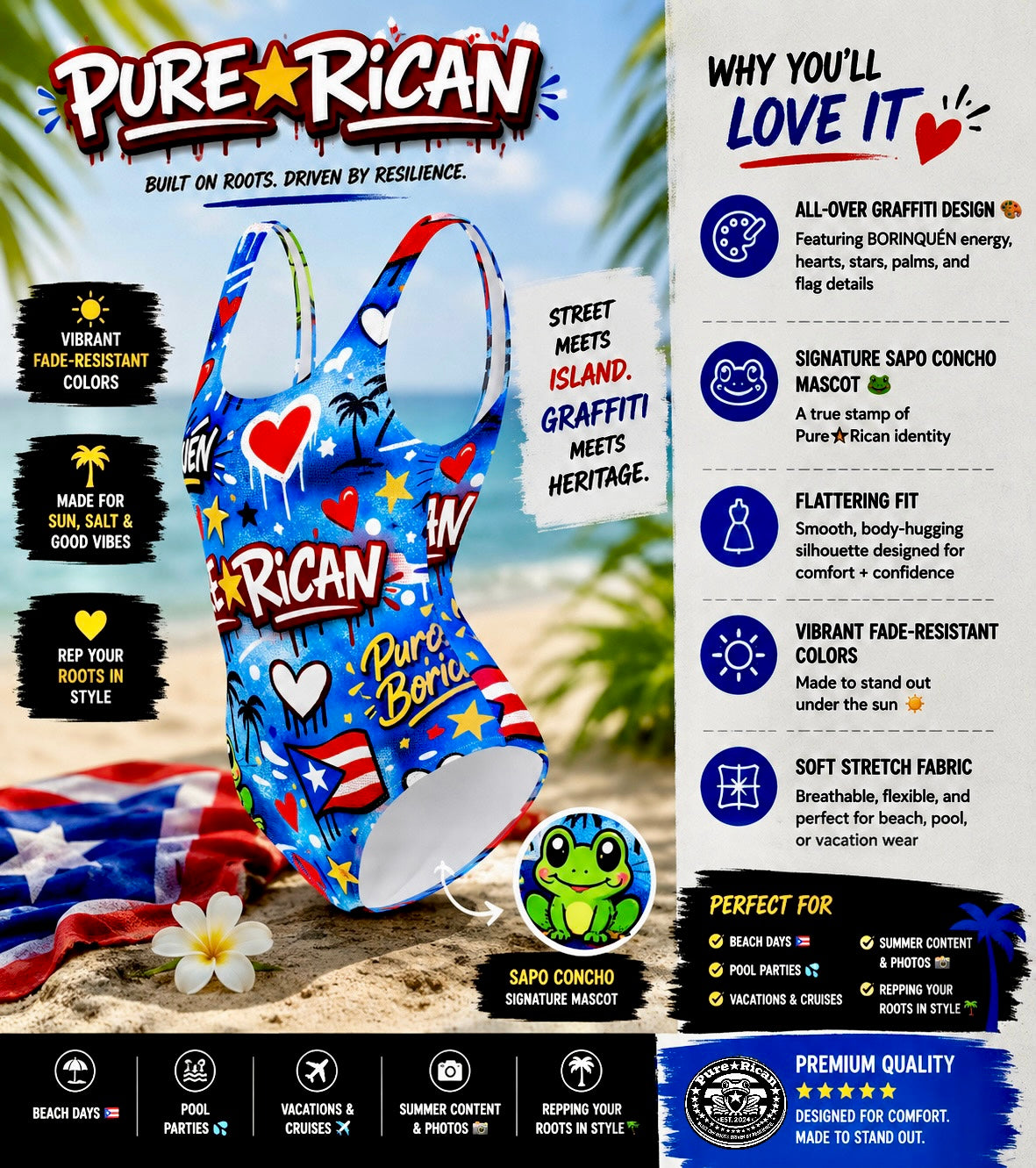 Pure⭐️Rican Borinquéñ Love Graffiti one-piece swimsuit displayed on a tropical beach product page image featuring graffiti-inspired Puerto Rican artwork and signature Sapo Concho mascot.