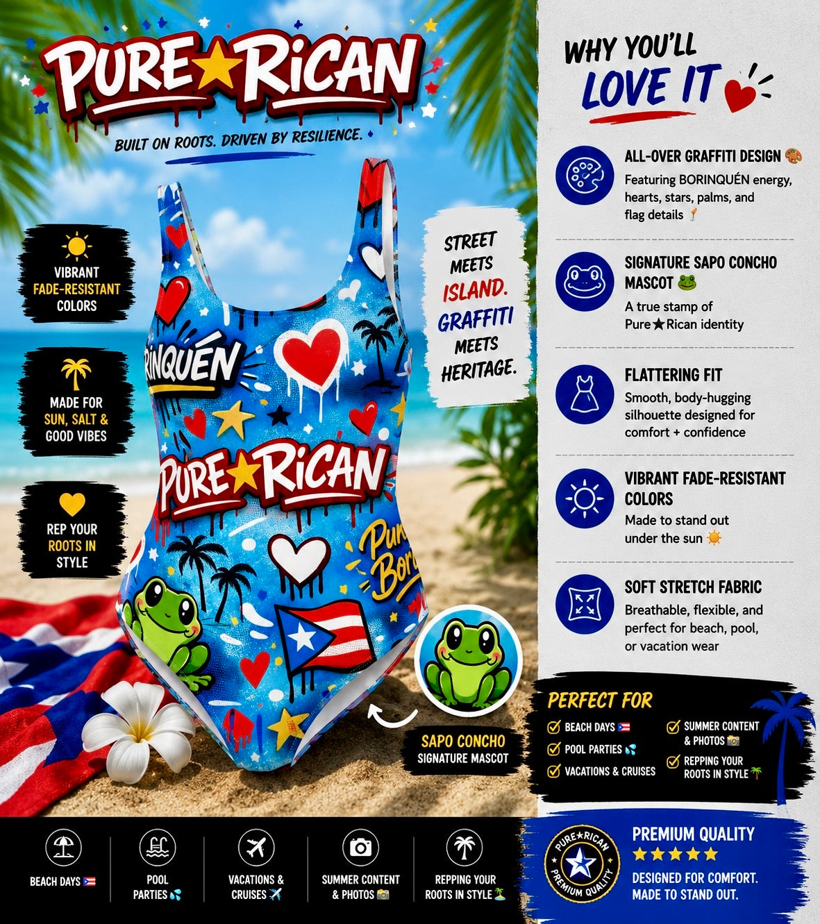 Pure⭐️Rican Borinquéñ Love Graffiti one-piece swimsuit front view featuring Puerto Rican flag details, graffiti artwork, Sapo Concho mascot, fade-resistant colors, and beach-ready swimwear features.