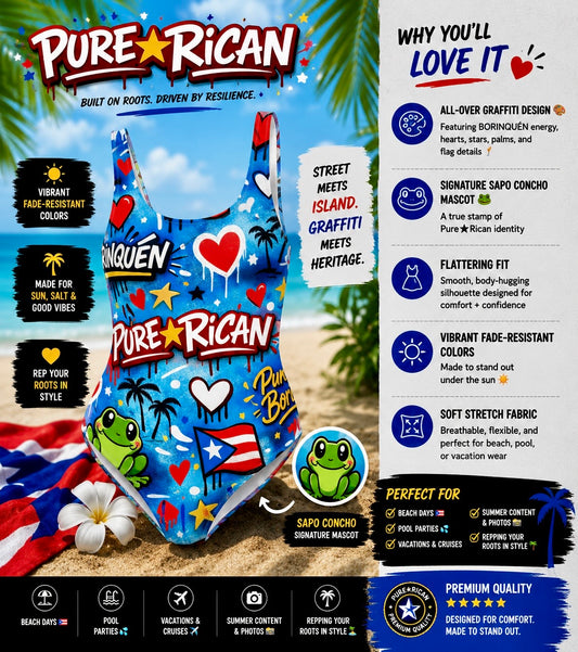 Pure⭐️Rican Borinquéñ Love Graffiti one-piece swimsuit front view featuring Puerto Rican flag details, graffiti artwork, Sapo Concho mascot, fade-resistant colors, and beach-ready swimwear features.
