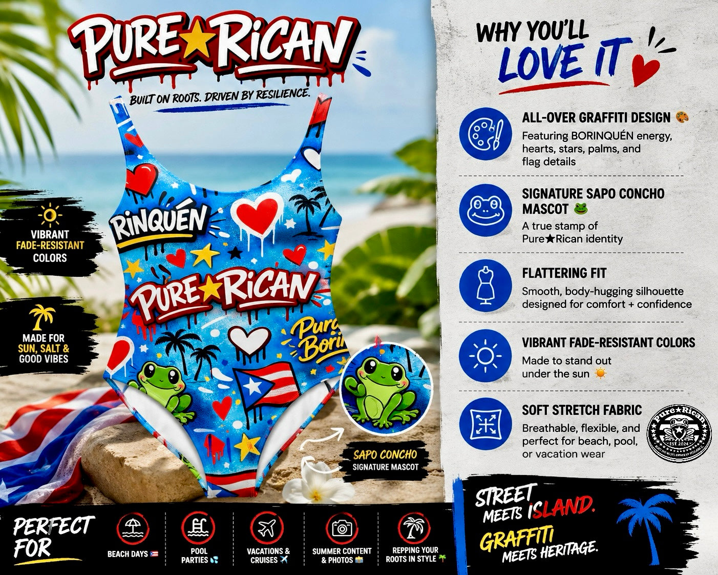 Pure⭐️Rican Borinquéñ Love Graffiti one-piece swimsuit showcasing low scoop back design, Puerto Rican flag graphics, vibrant fade-resistant colors, and comfortable stretch swim fabric.