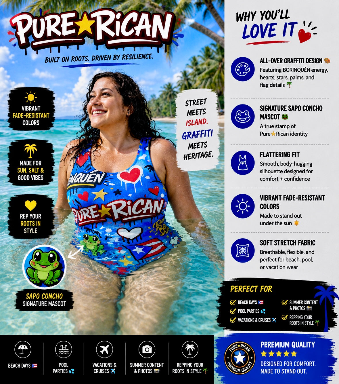 Back lifestyle image of a model wearing the Pure⭐️Rican Borinquéñ Love Graffiti swimsuit in ocean water, highlighting scoop back design, Sapo Concho mascot, and Puerto Rican-inspired graffiti graphics.