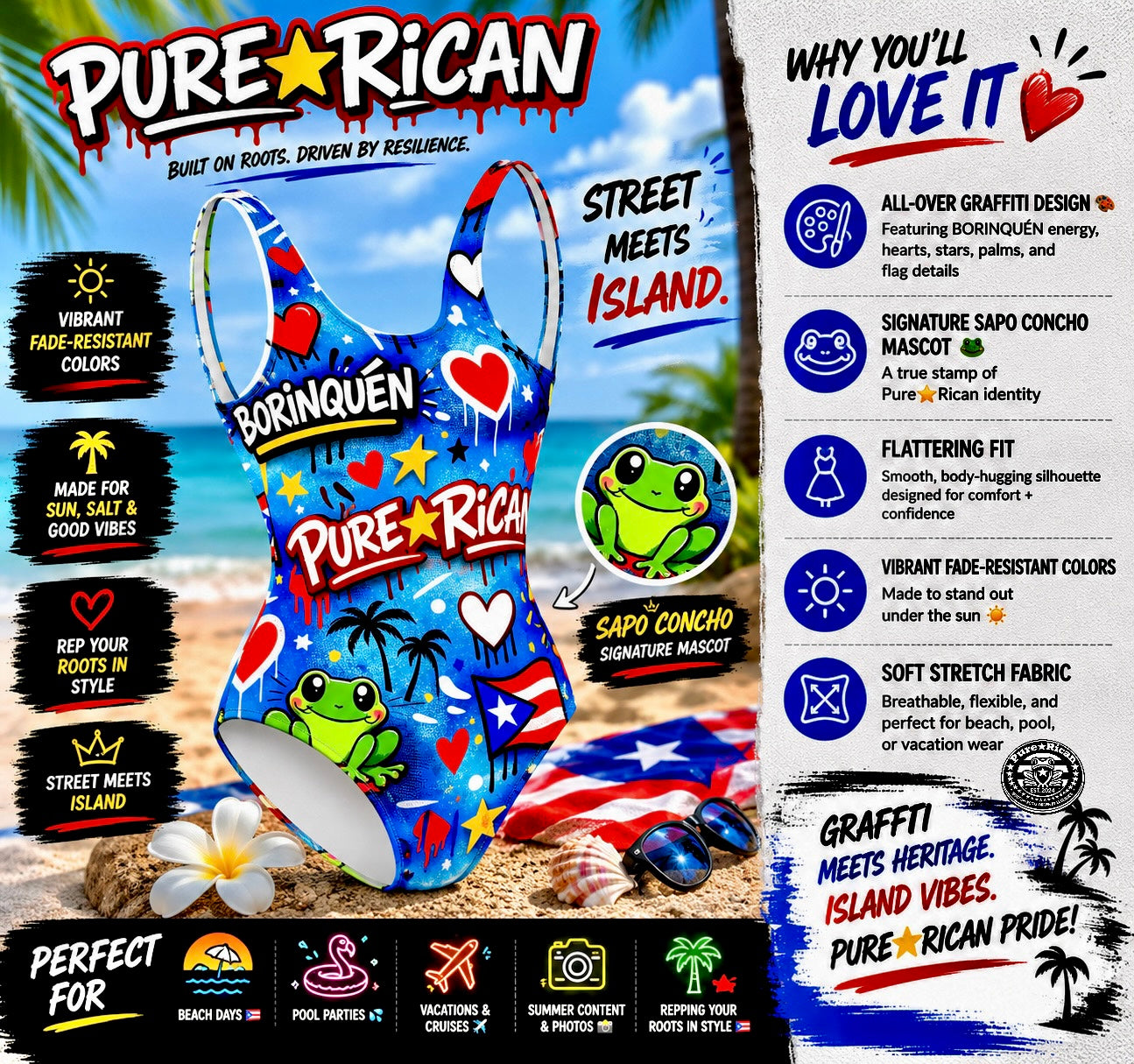 Lifestyle image of a model wearing the Pure⭐️Rican Borinquéñ Love Graffiti one-piece swimsuit in tropical beach water, showcasing vibrant Puerto Rican-inspired graffiti artwork and flattering fit.