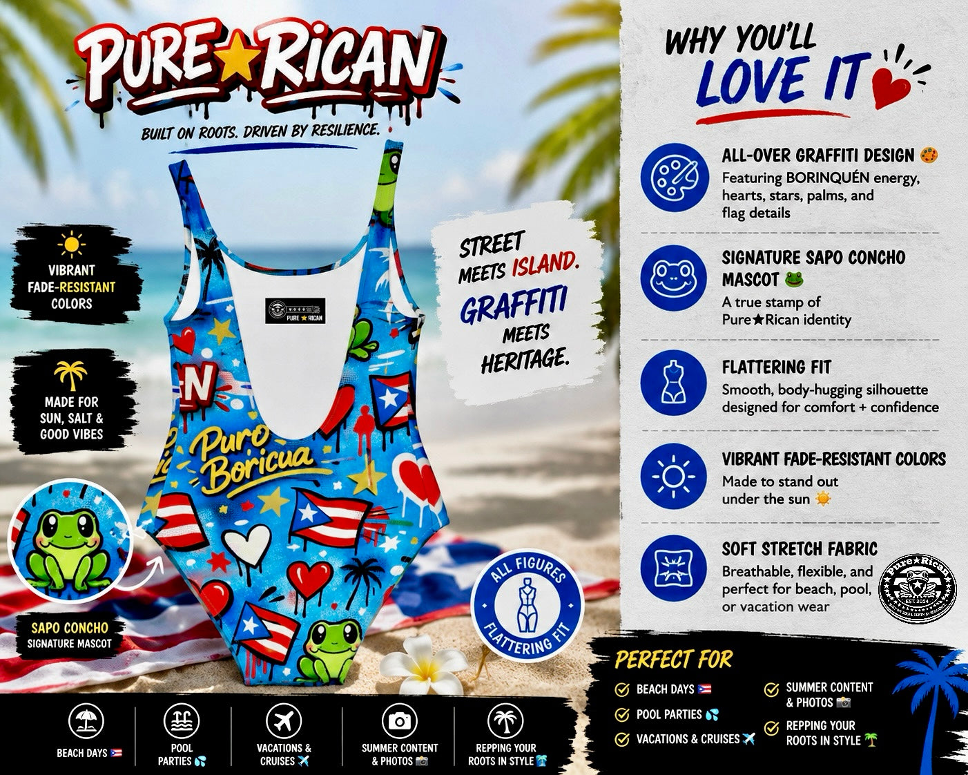 Side-angle view of the Pure⭐️Rican Borinquéñ Love Graffiti swimsuit featuring graffiti-inspired Puerto Rican artwork, Sapo Concho mascot, and flattering body-hugging silhouette.