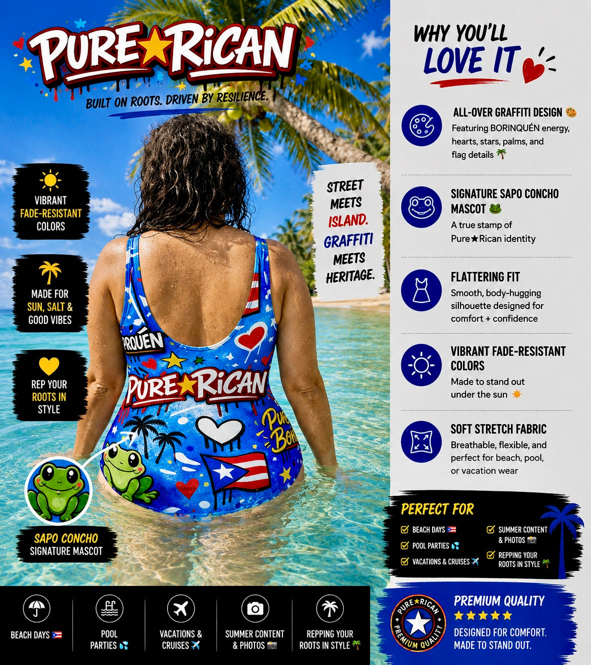 Back tropical lifestyle image of the Pure⭐️Rican Borinquéñ Love Graffiti swimsuit featuring Puerto Rican-inspired street art, flattering scoop back, and signature Sapo Concho mascot detail.