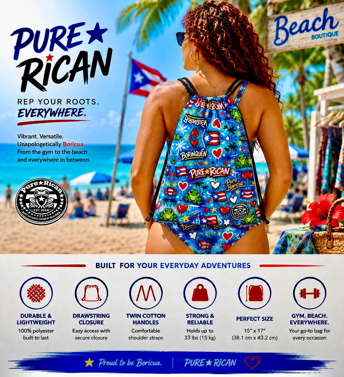 Woman wearing the Pure⭐️Rican Borinquén drawstring bag from the back at a tropical beach, featuring colorful Puerto Rican graffiti artwork with Sapo Concho frogs, Borinquén lettering, Puerto Rican flags, hearts, palm trees, and island-inspired graphics.