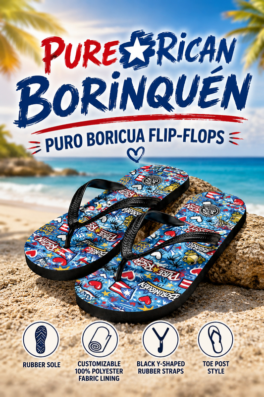 Flip-flops with Borinquen design on a beach background, featuring text about the brand and product features.