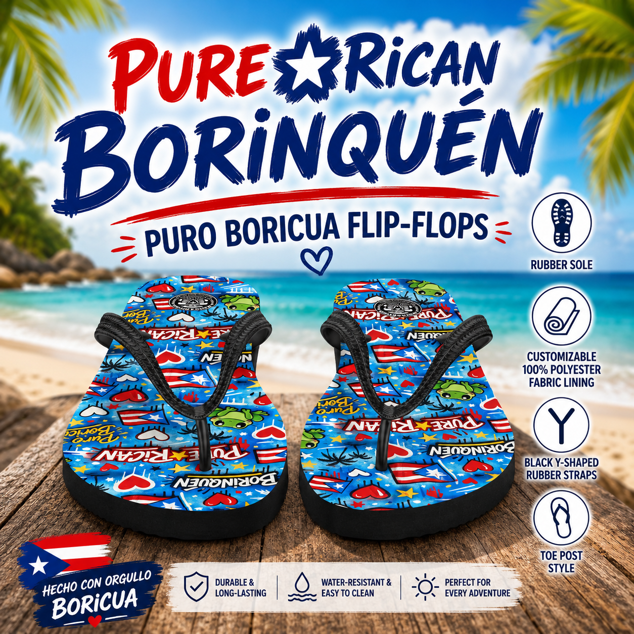 Pair of colorful flip-flops with 'Pure⭐️Borinquen' branding on a beach background.