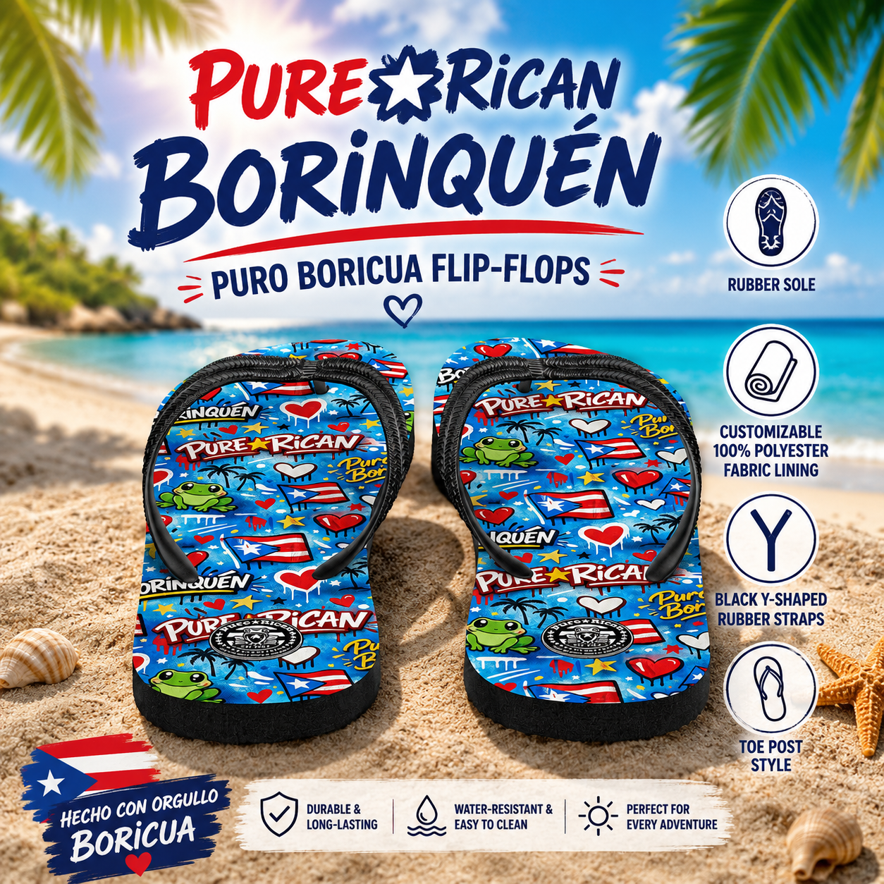 Pair of colorful flip-flops with 'Pure⭐️Rican Borinquén' branding on a beach background.