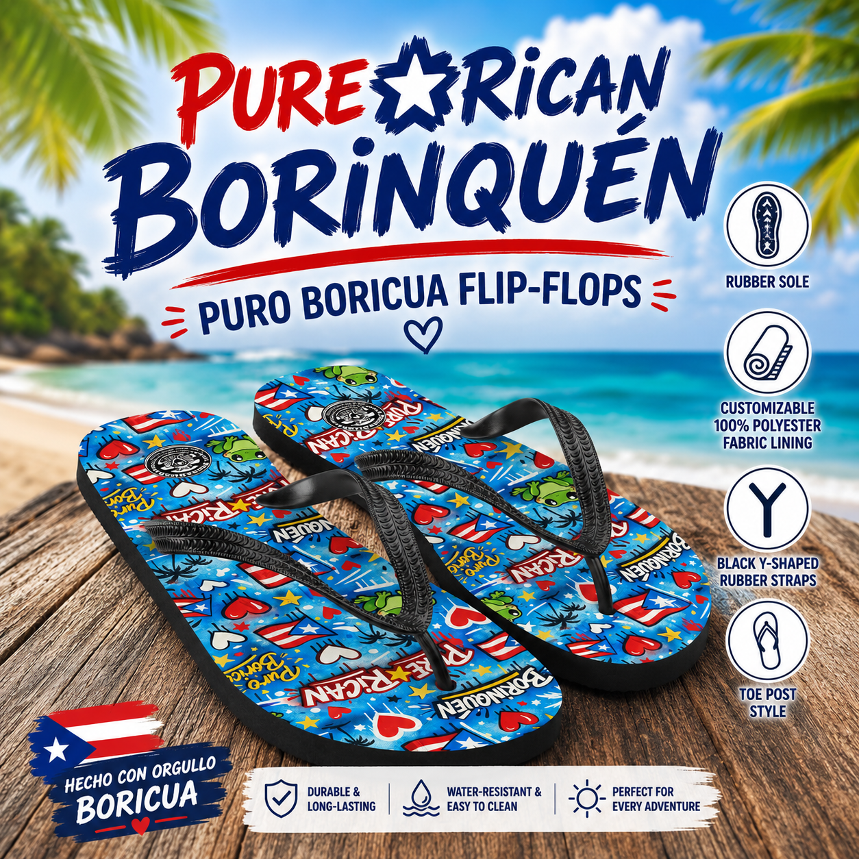 Colorful flip-flops with Borinquen branding on a beach background