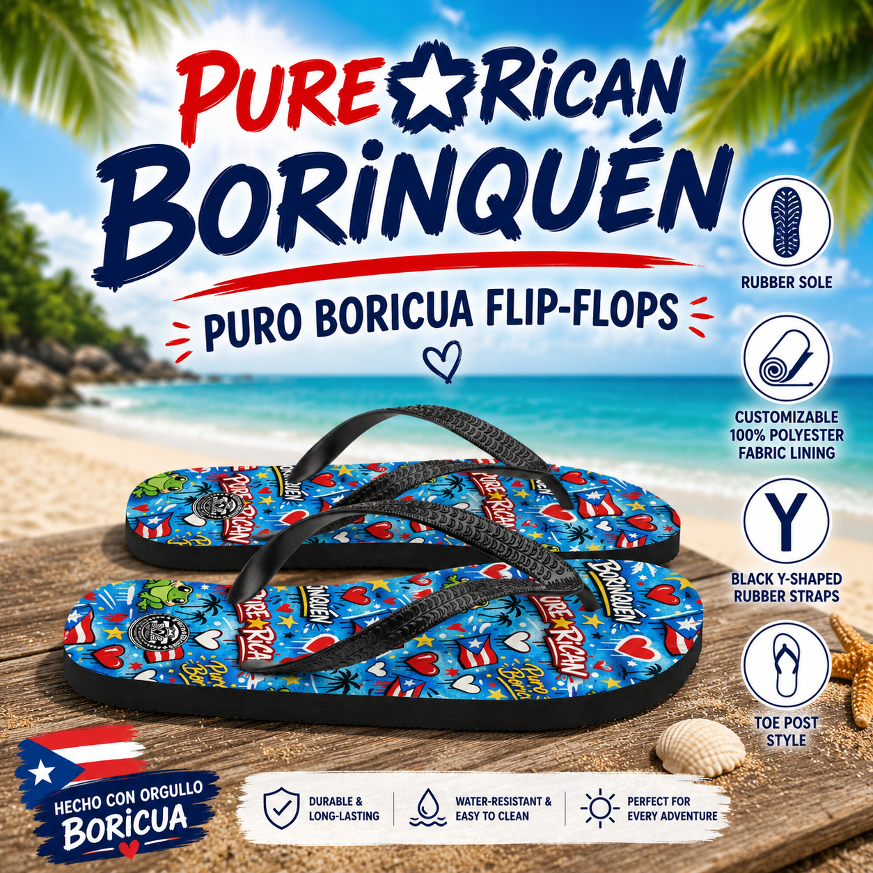 Colorful flip-flops with Borinquen branding on a beach background