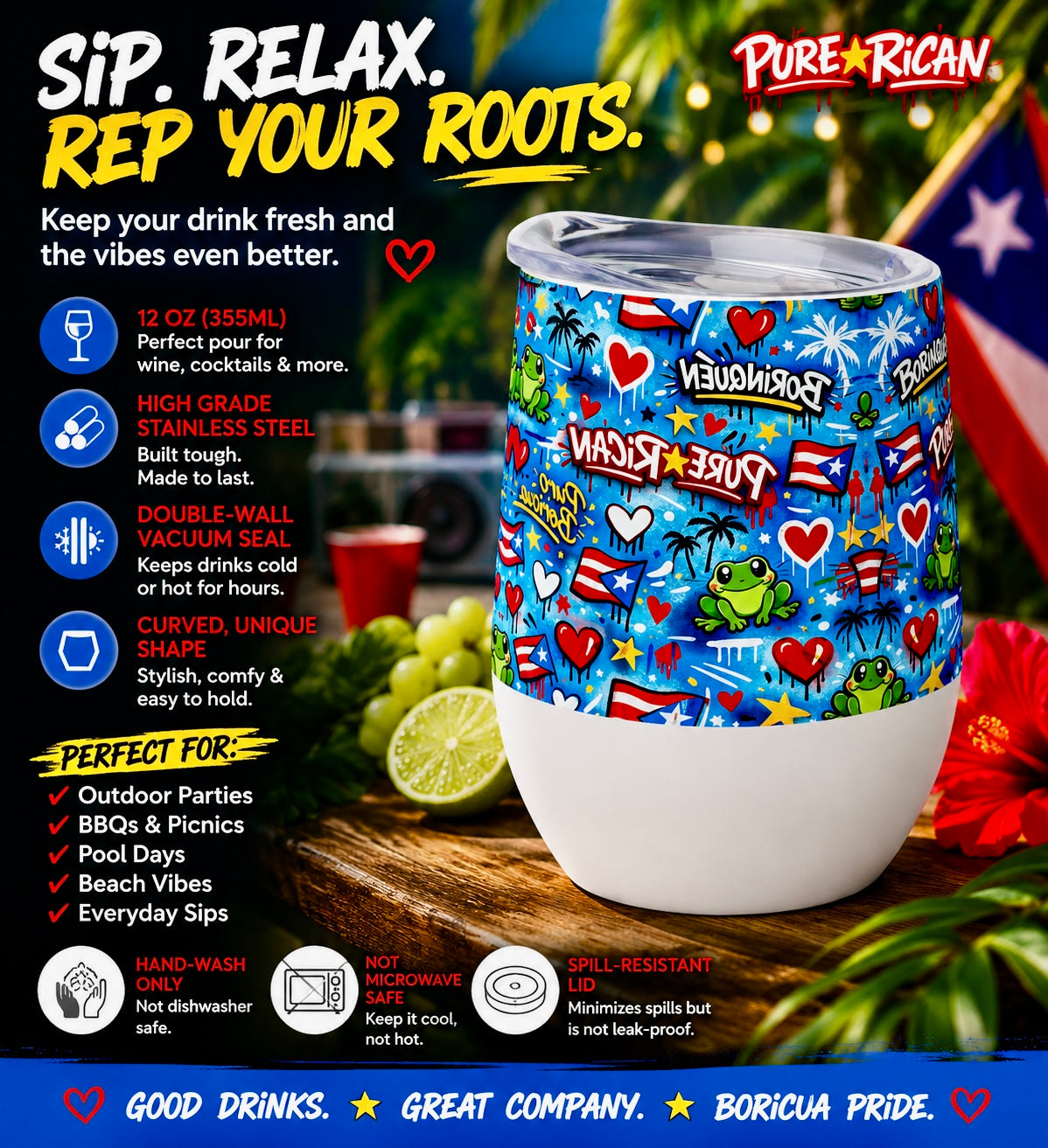 Alternate angle of the Pure⭐️Rican Borinquen Love stainless steel wine tumbler showcasing Puerto Rican graffiti design, Sapo Concho artwork, hearts, and Borinquen-inspired details.