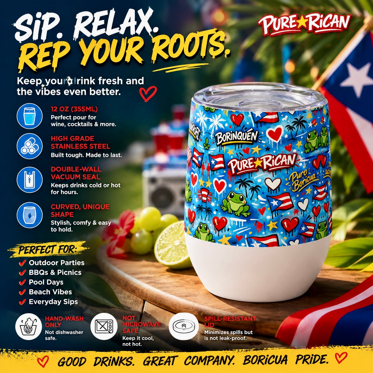 Pure⭐️Rican Borinquen Love 12oz stainless steel wine tumbler featuring Puerto Rican graffiti artwork, hearts, palms, frogs, and Puerto Rican flags displayed in an outdoor tropical party setting.