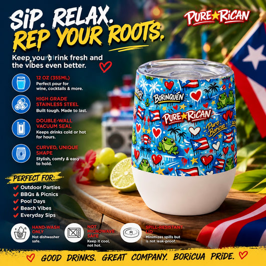 Pure⭐️Rican Borinquen Love 12oz stainless steel wine tumbler featuring Puerto Rican graffiti artwork, hearts, palms, frogs, and Puerto Rican flags displayed in an outdoor tropical party setting.