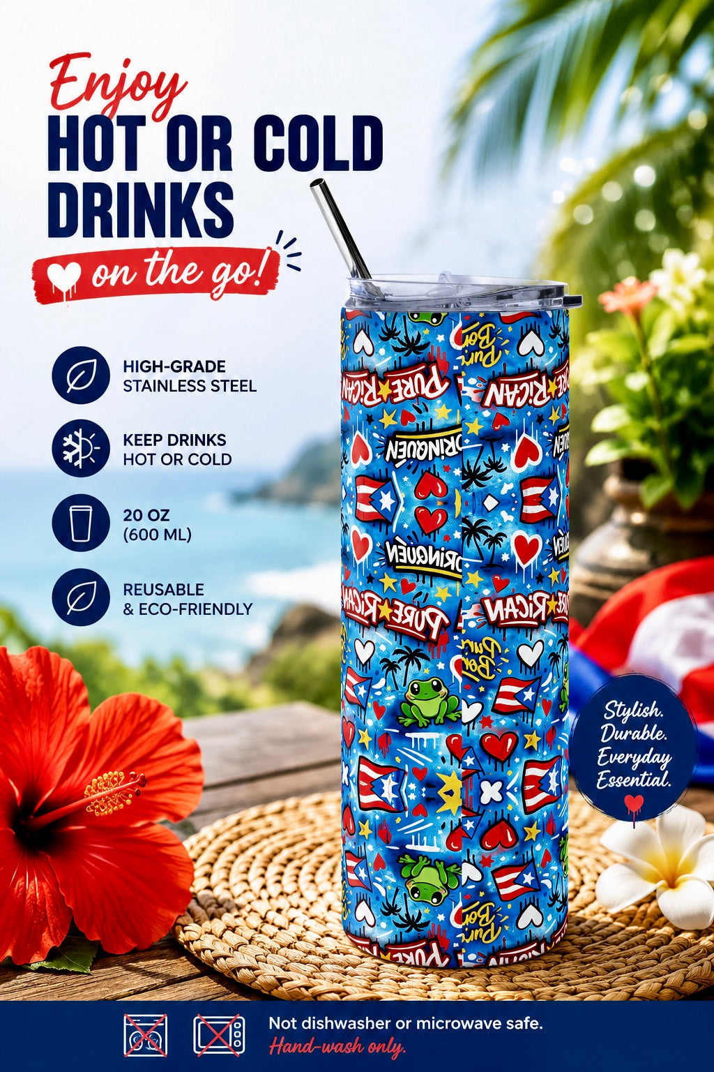 Back view of the Pure⭐️Rican Borinquen Love 20oz stainless steel tumbler featuring all-over Puerto Rican graffiti-inspired artwork with flags, hearts, tropical elements, and Sapo Concho frog details. Includes clear lid and reusable metal straw.