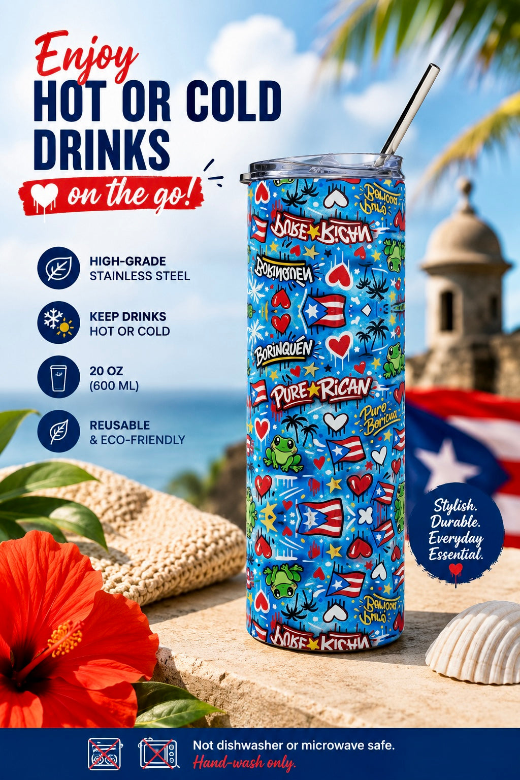 Front view of the Pure⭐️Rican Borinquen Love 20oz stainless steel tumbler featuring colorful Puerto Rican-inspired graffiti artwork with hearts, flags, Sapo Concho frogs, palm trees, and Pure⭐️Rican branding. Includes clear lid and metal straw.