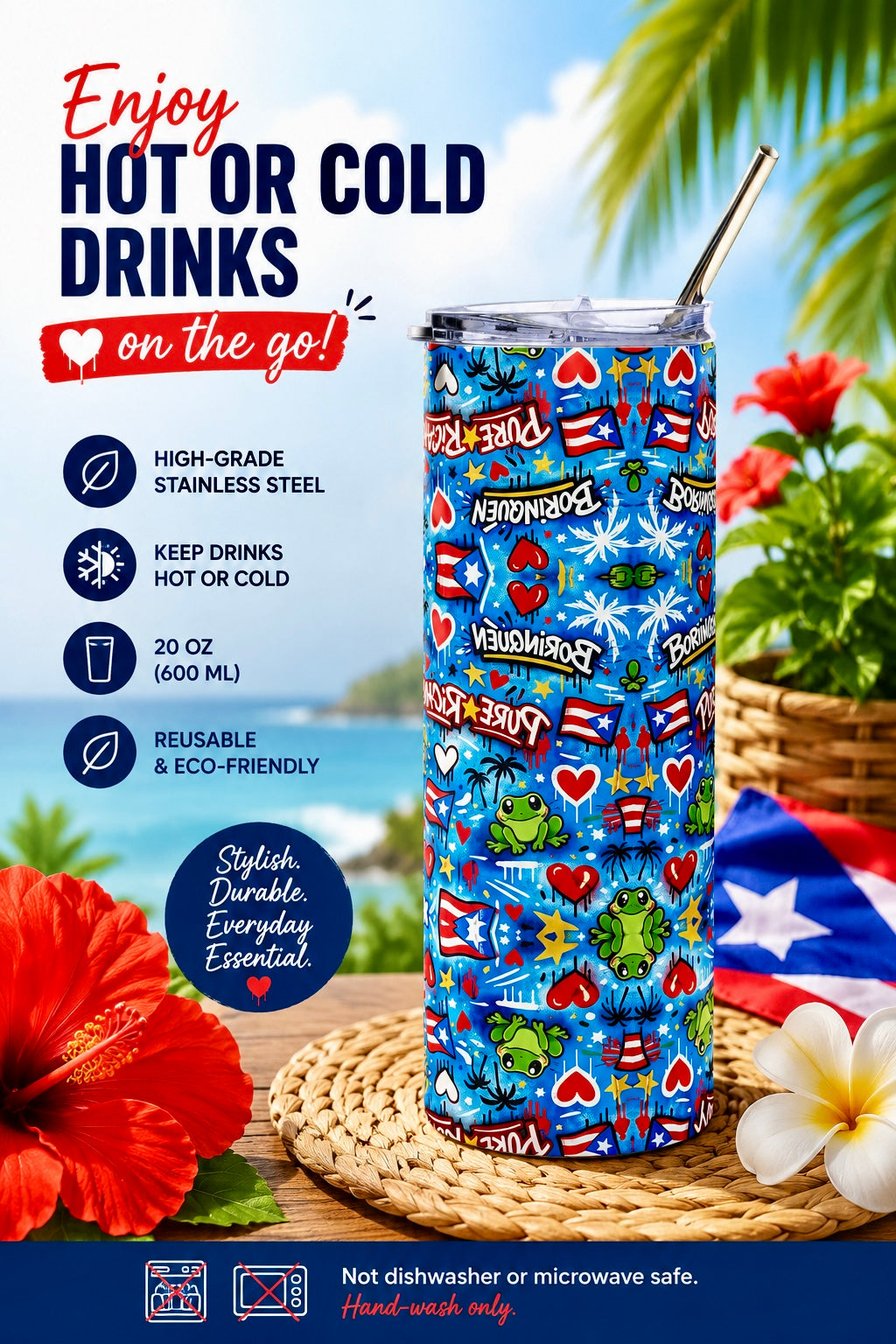 Close-up patterned view of the Pure⭐️Rican Borinquen Love 20oz tumbler highlighting Puerto Rican graffiti art, hearts, tropical palms, flags, stars, and signature Sapo Concho frog elements with reusable metal straw and clear lid.