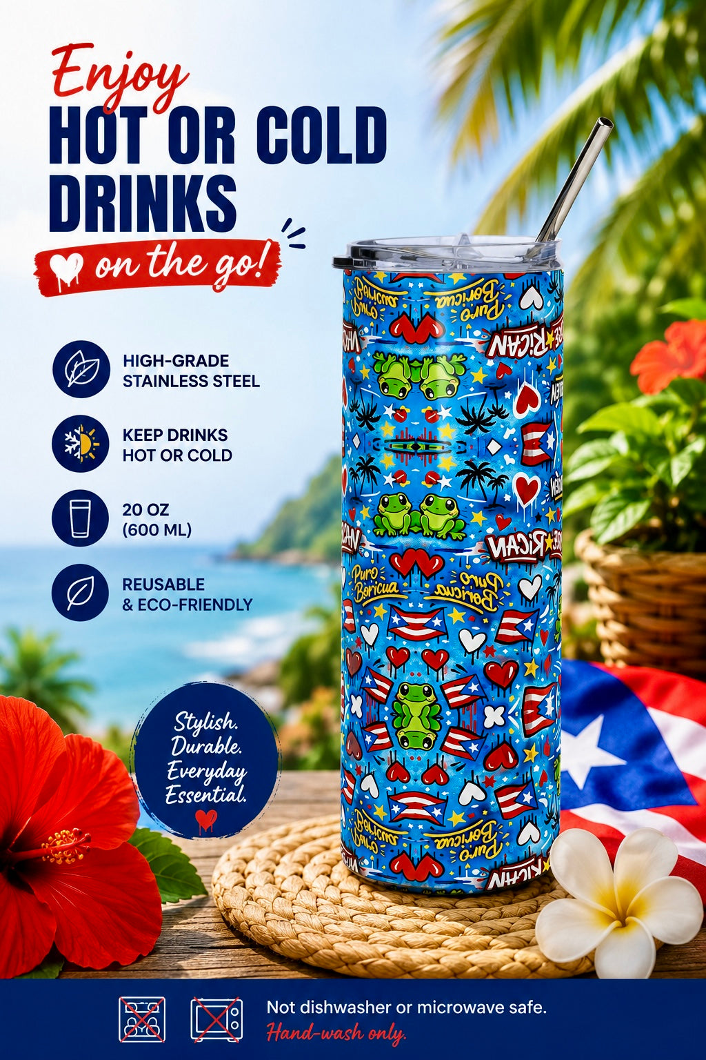 Side view of the Pure⭐️Rican Borinquen Love stainless steel tumbler with vibrant Boricua-inspired pattern featuring Puerto Rican flags, hearts, graffiti lettering, palm trees, and frog artwork on a blue background.
