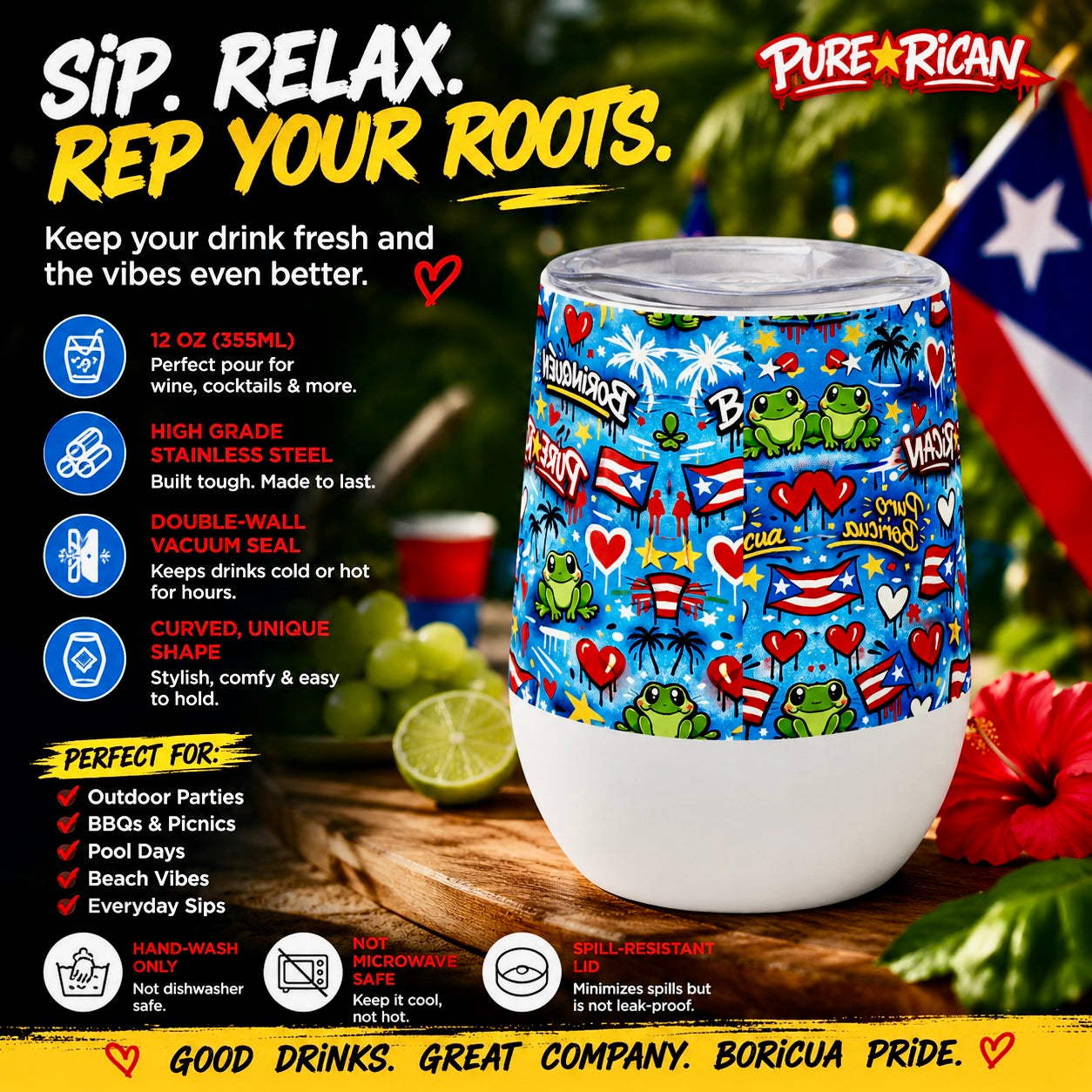 Side angle lifestyle image of the Pure⭐️Rican Borinquen Love insulated wine tumbler with vibrant Puerto Rican-inspired artwork in a tropical outdoor setting.
