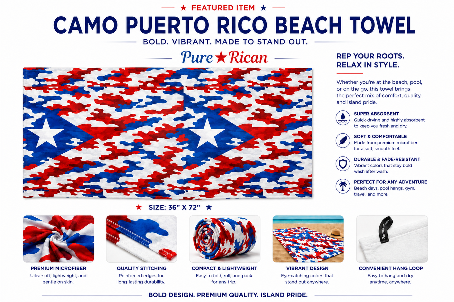 Oversized Pure⭐️Rican Puerto Rico camo beach towel in red, white, and blue patriotic camo print featuring Puerto Rican flag-inspired design, premium microfiber material, durable stitching, lightweight compact roll-up, and beach-ready comfort in 36 x 72 size.