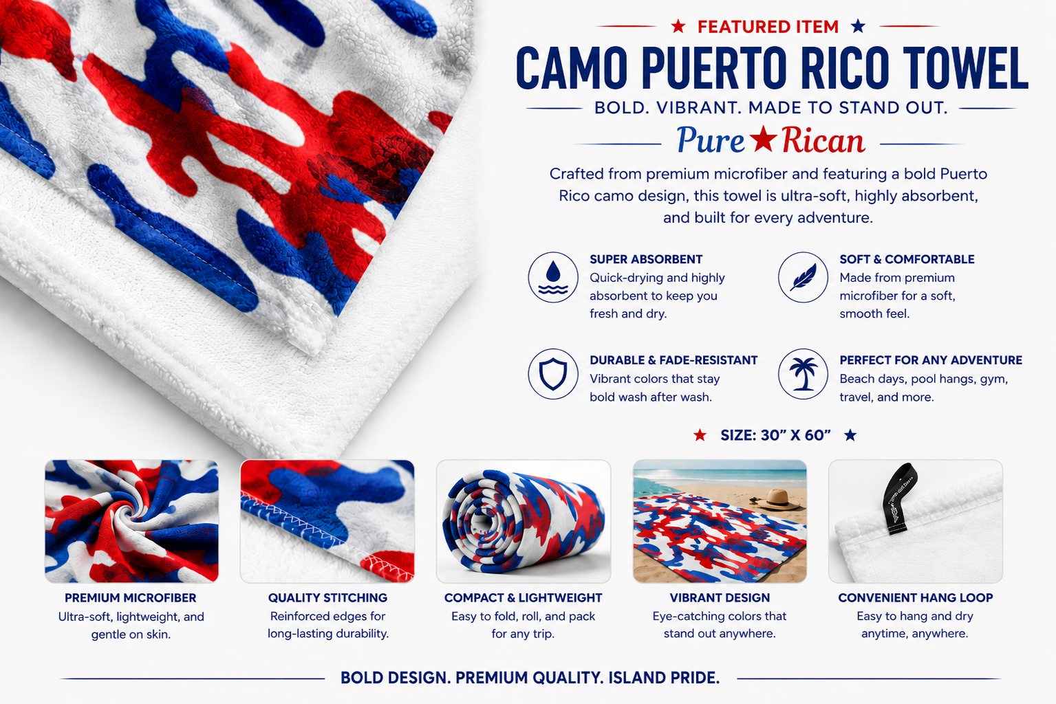 Close-up detail view of the Pure⭐️Rican Puerto Rico camo beach towel showing ultra-soft premium microfiber texture, absorbent fabric, reinforced stitching, compact roll-up feature, beach-ready design, and convenient drying loop.