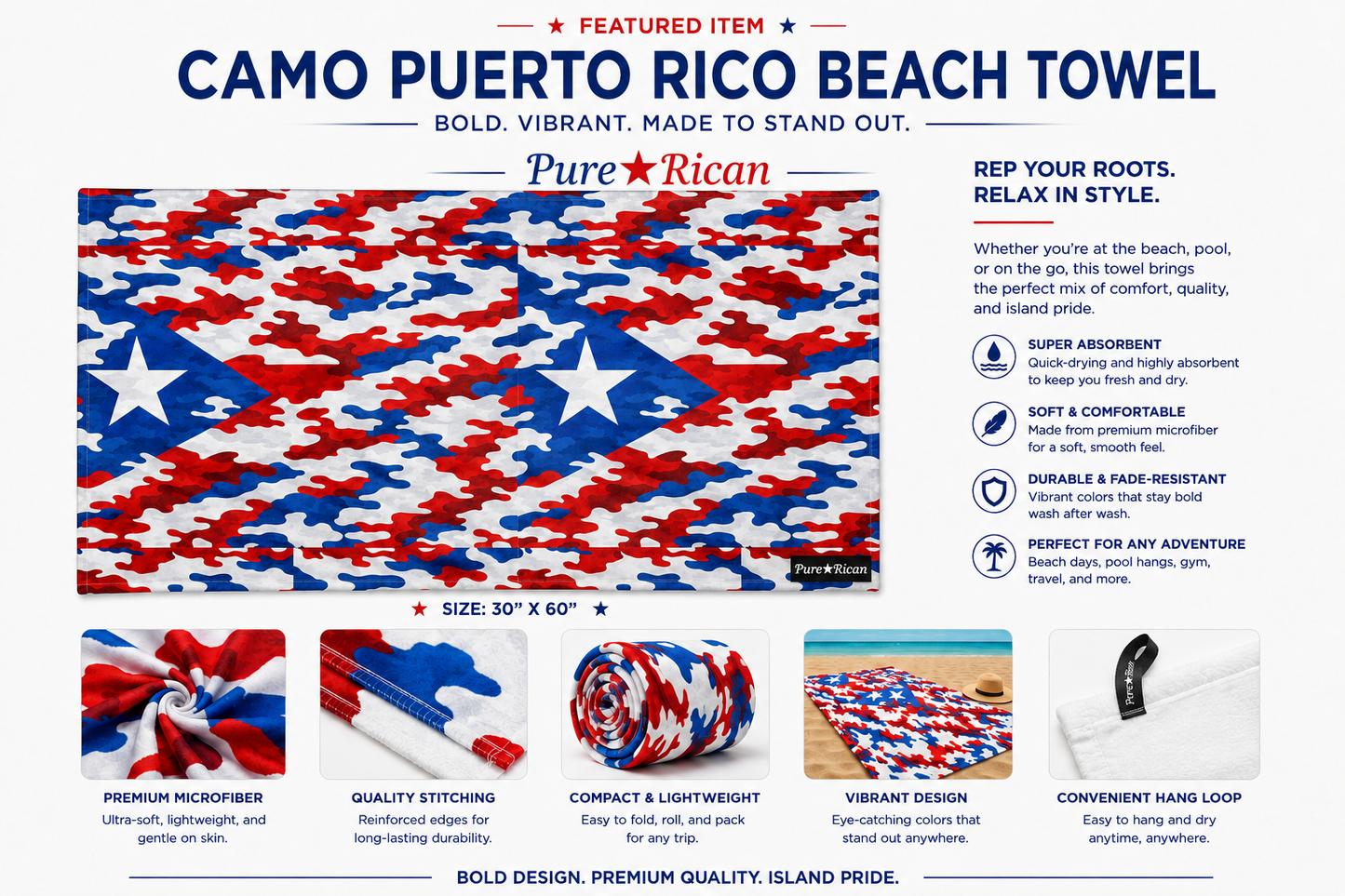Pure⭐️Rican Camo Puerto Rico Beach Towel in patriotic Puerto Rican red, white, and blue camo pattern with Puerto Rico flag stars, featuring premium microfiber, quality stitching, lightweight roll-up design, beach lifestyle image, and convenient hang loop in 30 x 60 size.