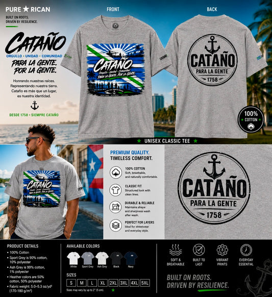 Gray t-shirt with 'Cataño' design and text, displayed front and back, with a person wearing the shirt.