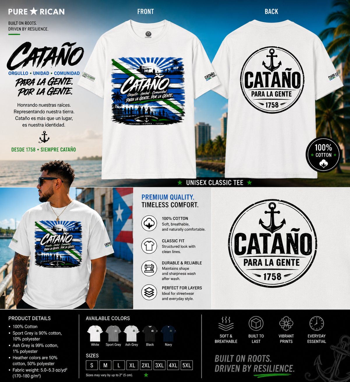 White t-shirt with 'Cataño' design on front and back, displayed with scenic background.