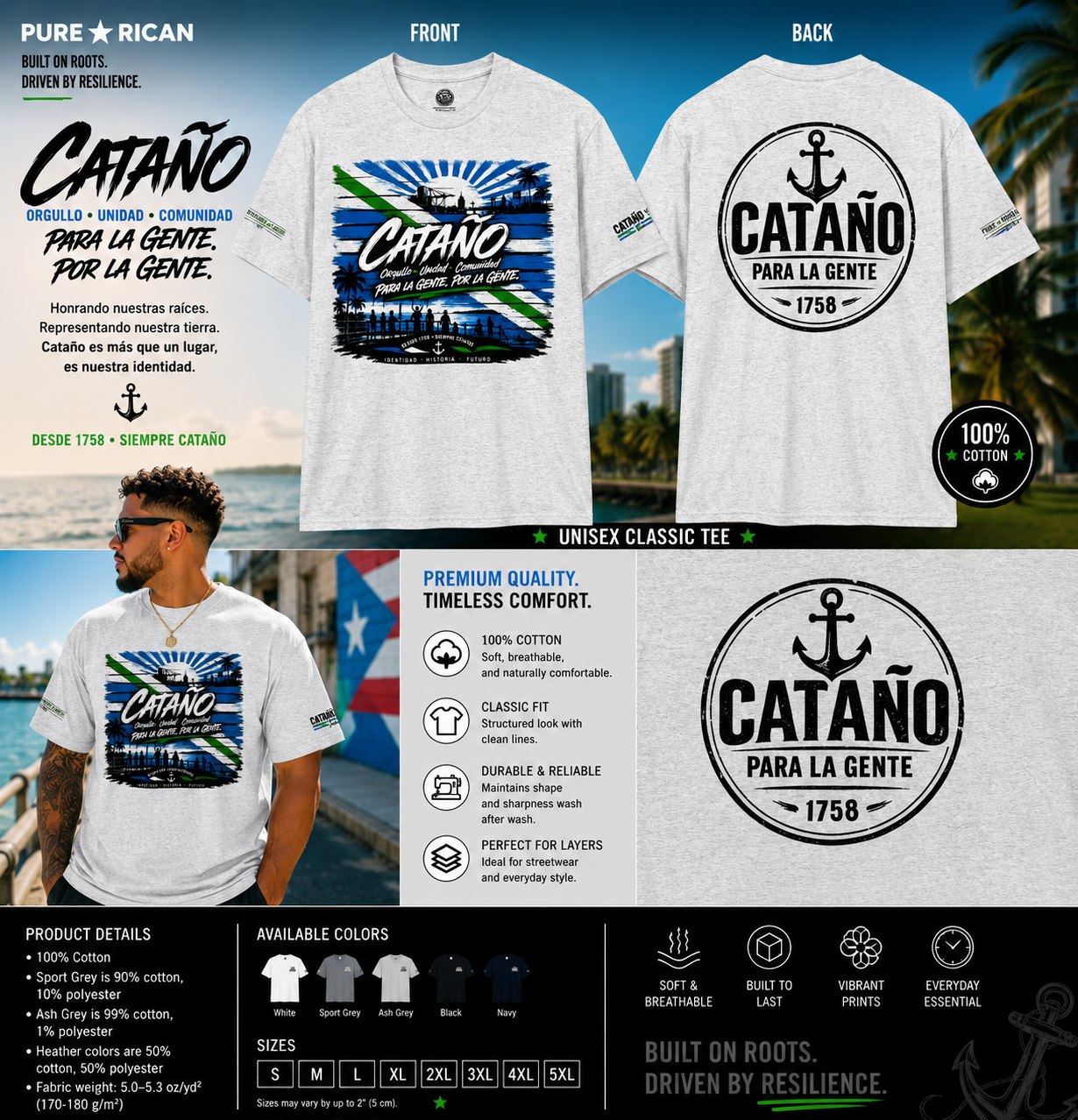 White t-shirt with 'Cataño' design on front and back, featuring anchor and text, with scenic background.