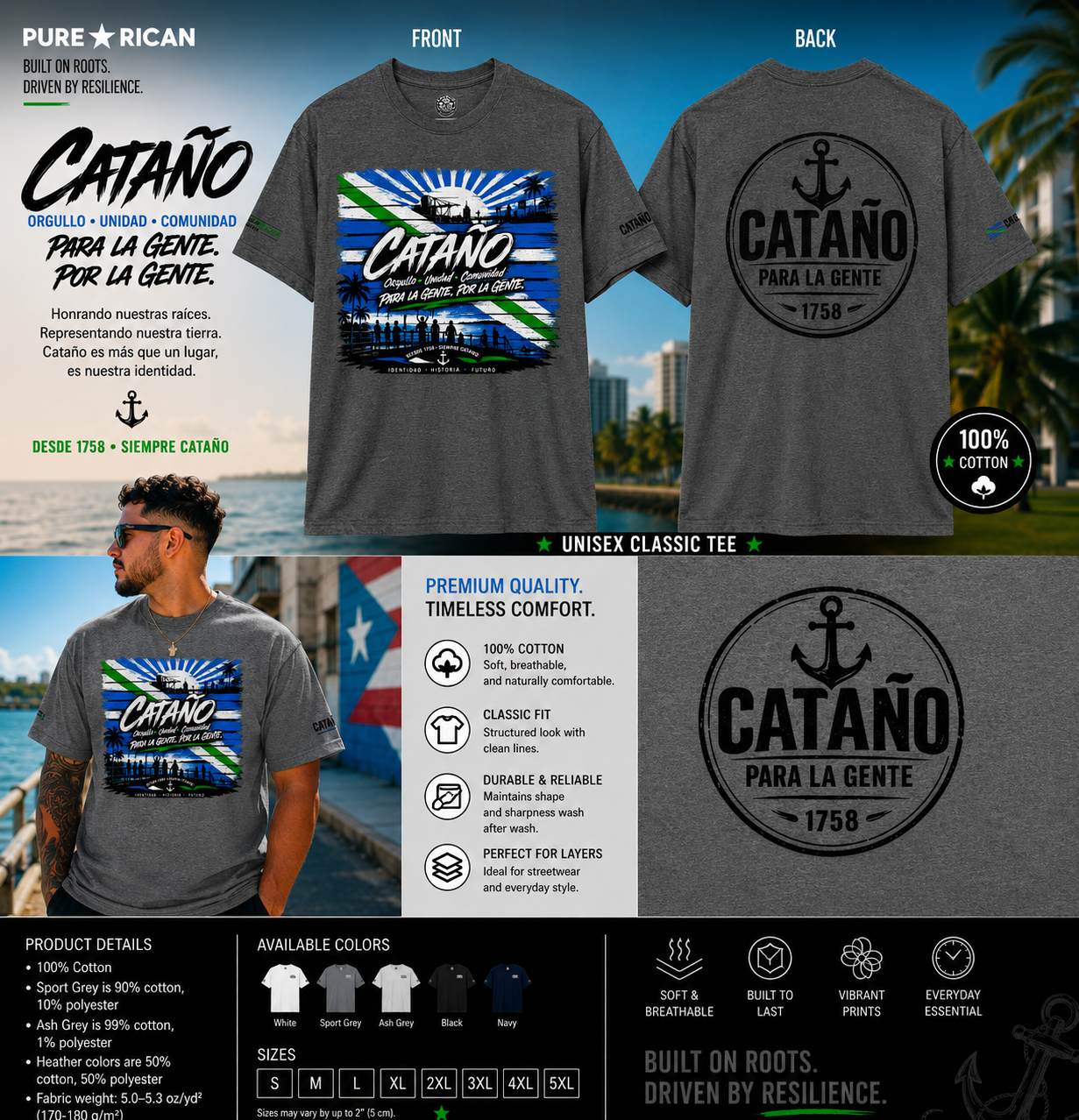 Gray t-shirt with 'Cataño' design on front and back, featuring text and anchor symbol, with a man wearing the shirt.