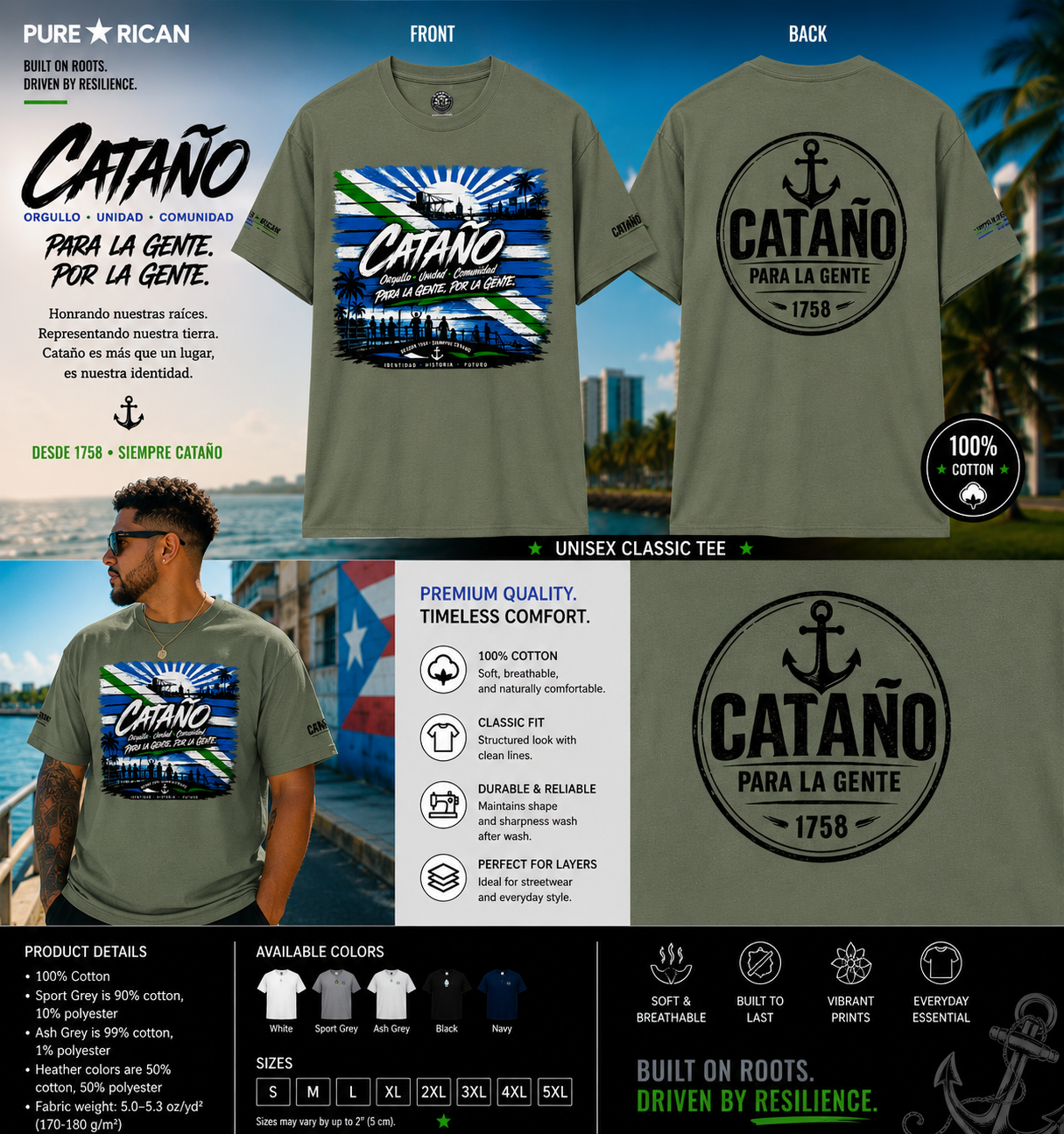 Green t-shirt with 'Cataño' design on front and back, displayed with a person wearing it, and product details.