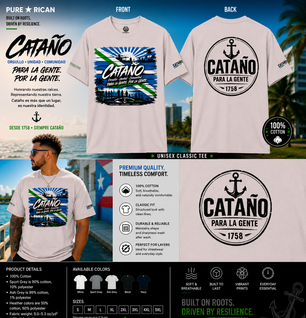 T-shirt with 'Cataño' design and branding, featuring front and back views.