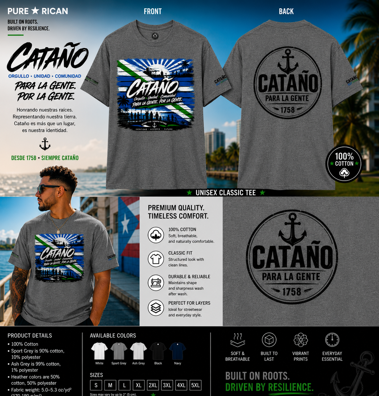Gray t-shirt with 'Cataño' design and branding, displayed front and back, with a person wearing the shirt.