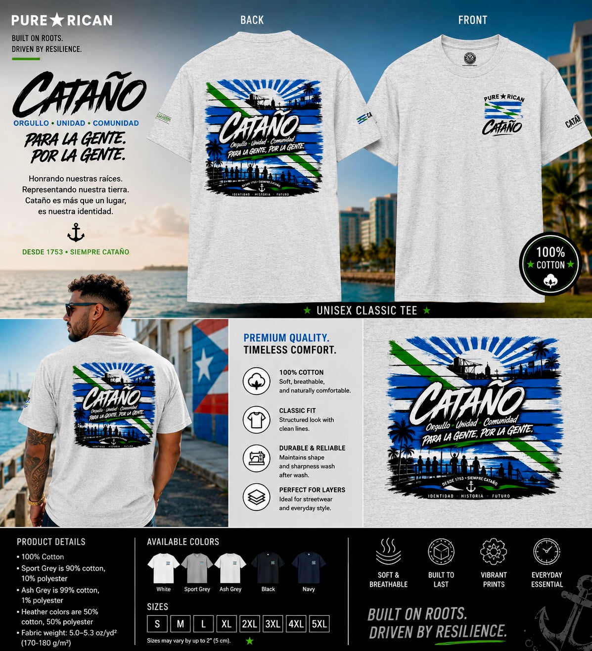 White t-shirt with 'Cataño' design on front and back, displayed with scenic background.