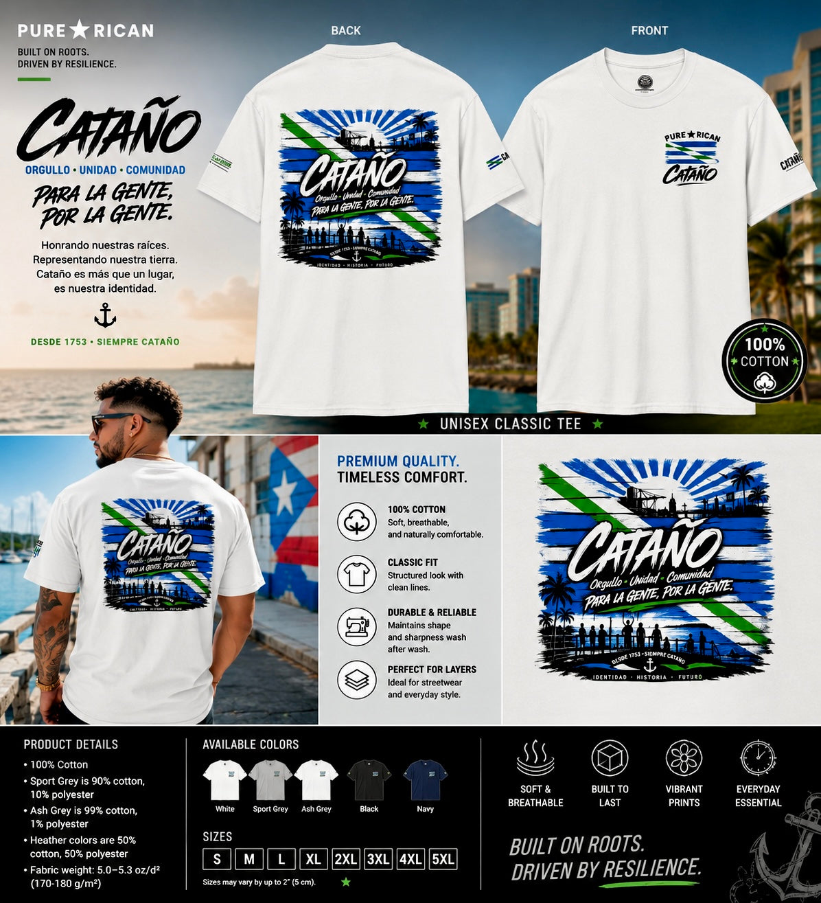 White t-shirt with 'Catano' design on front and back, featuring Puerto Rican flag colors, displayed with a person wearing it and product details.