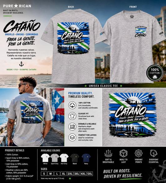Gray t-shirt with 'Cataño' design on a scenic background, featuring text and graphics.