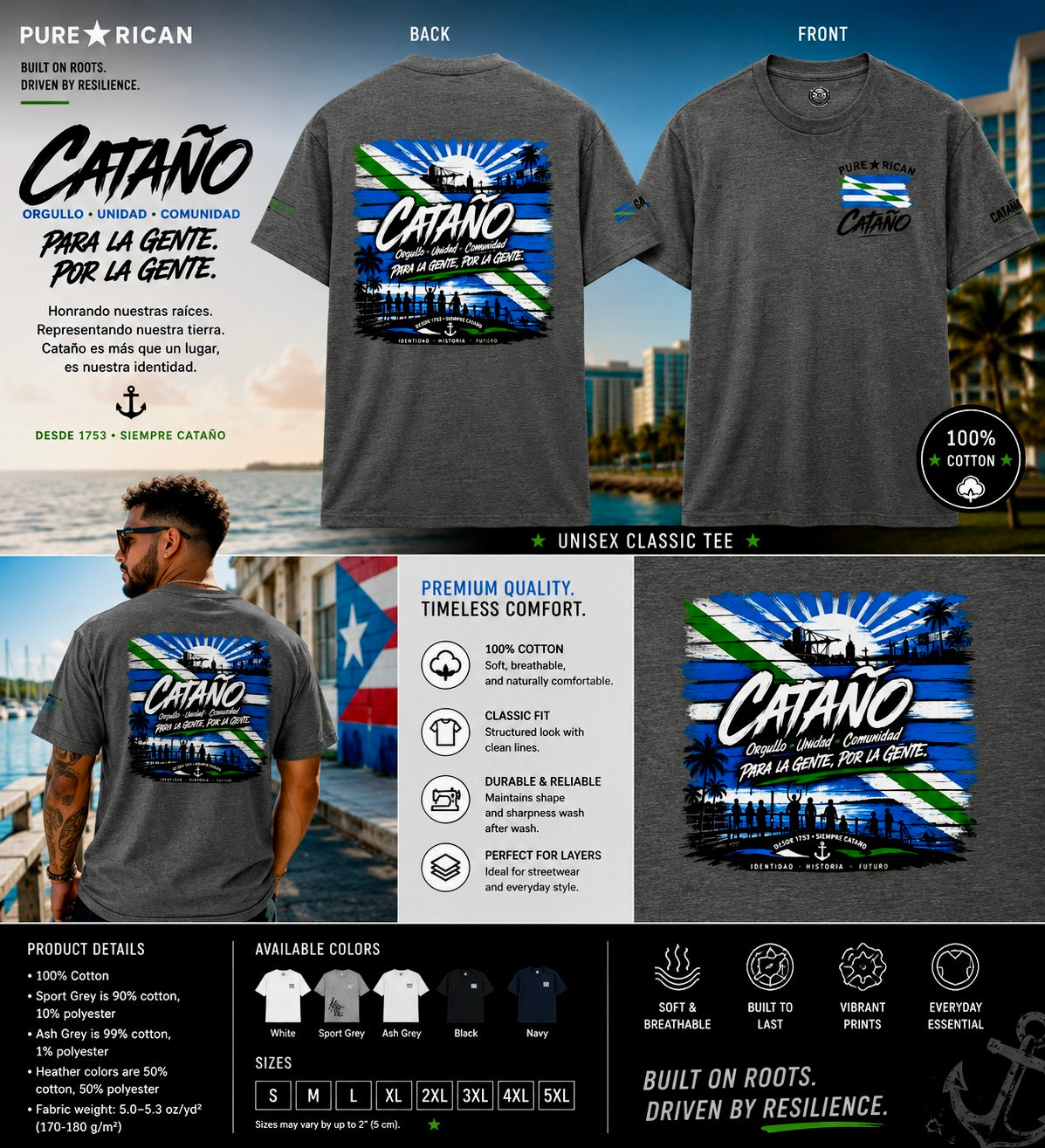 Gray t-shirt with 'Catano' design on front and back, featuring text and graphics, worn by a person.