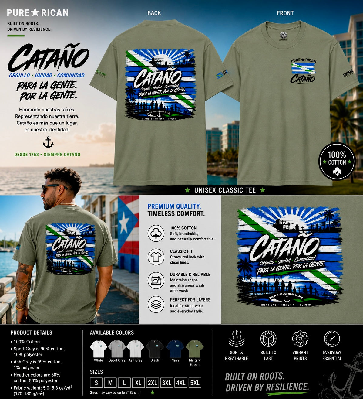 Green t-shirt with 'Catano' design on front and back, displayed with a cityscape background.