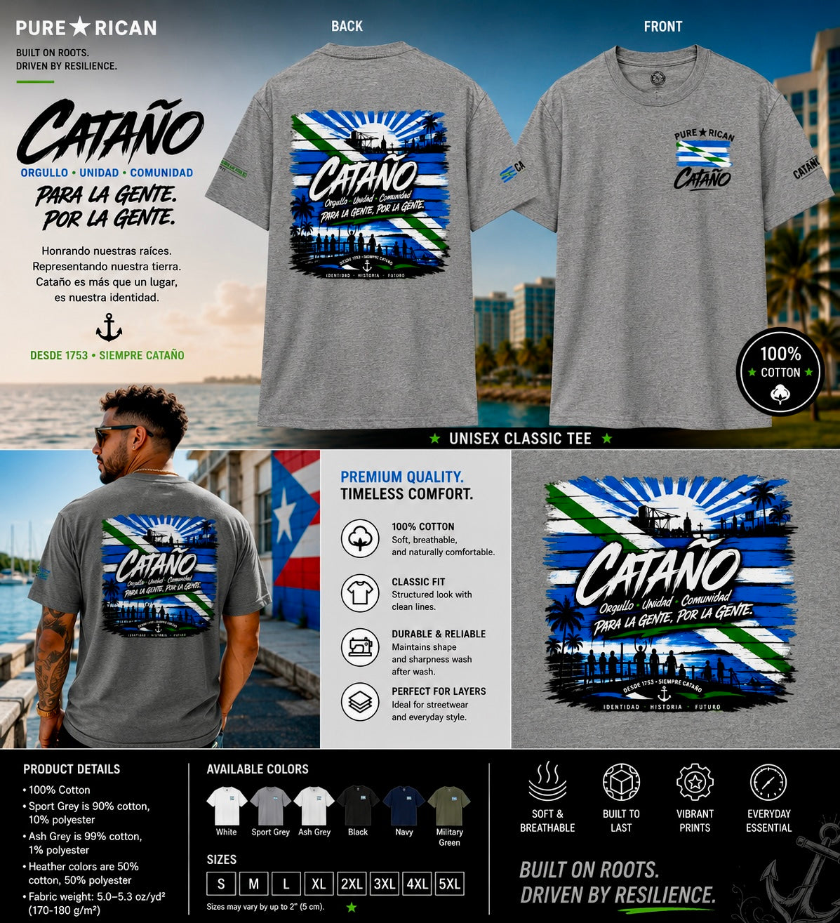 Gray t-shirt with 'Catano' design on front and back, featuring text and graphics, with a man wearing the shirt.