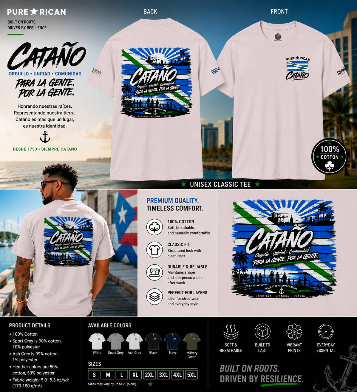 White t-shirt with 'Catano' design on front and back, displayed with product details and branding.