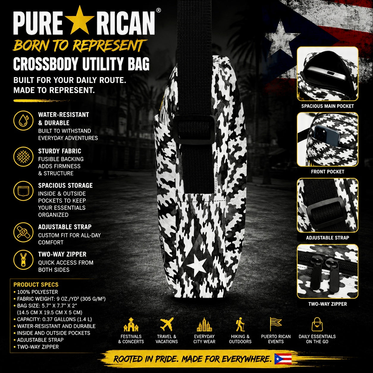 Detailed side angle of the Pure⭐️Rican Midnight Camo Crossbody Utility Bag highlighting adjustable strap buckle, side construction, Puerto Rican-inspired camo pattern, and compact travel-ready design.