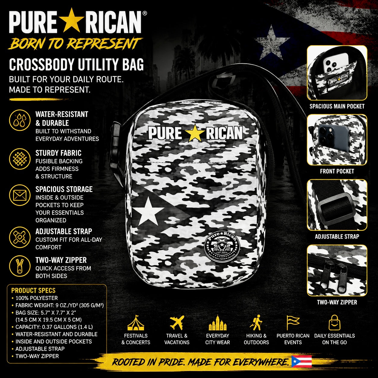 Back view of the Pure⭐️Rican Midnight Camo Crossbody Utility Bag showcasing seamless camo pattern, lightweight durable construction, adjustable strap, and compact everyday carry design.