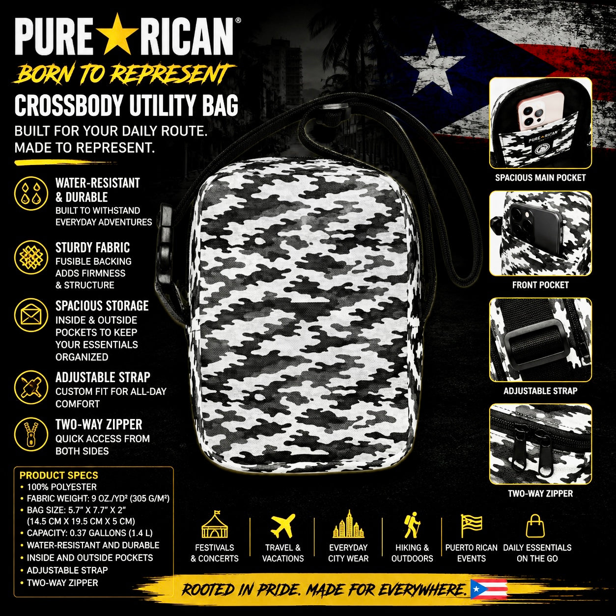 Promotional product image of the Pure⭐️Rican Midnight Camo Boricua Crossbody Utility Bag highlighting water-resistant material, spacious pockets, adjustable strap, and Puerto Rican-inspired design.