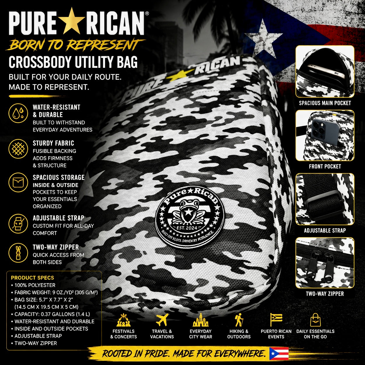 Inside view of the Pure⭐️Rican Midnight Camo Crossbody Utility Bag showing spacious storage compartment, secure pocket design, zipper opening, and compact organization for everyday essentials.